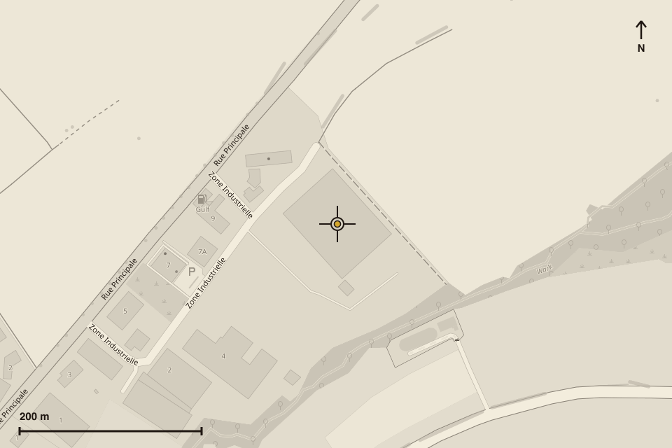 Map of the industrial estate in Mertzig with the position of the works, a scale bar and a north arrow.